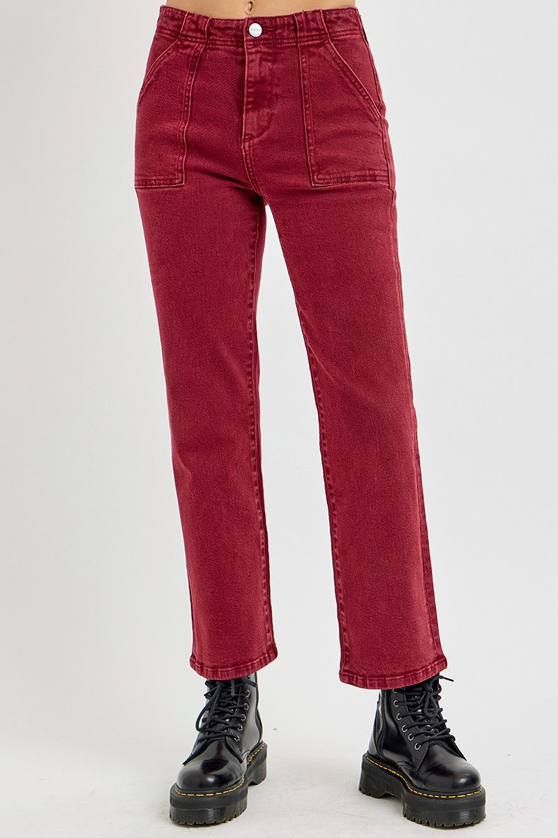 RISEN Full Size High Rise Straight Jeans with Patch Pockets - Wine