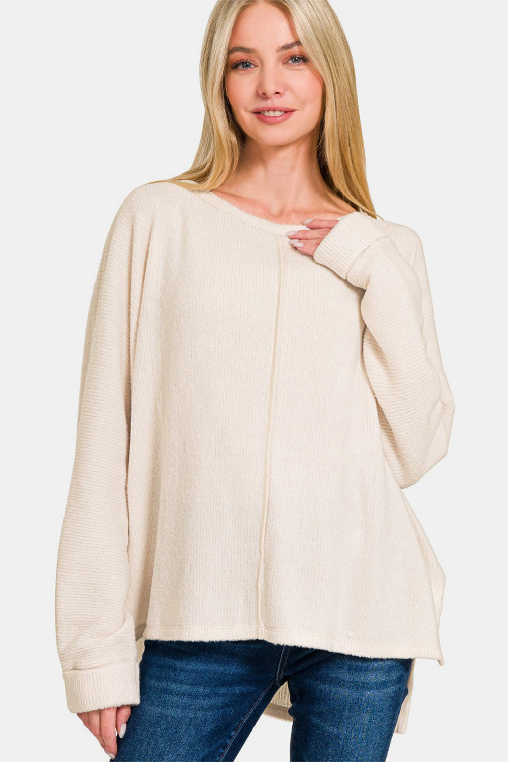 Zenana High-Low Side Slit Round Neck T-Shirt - Sand Beige