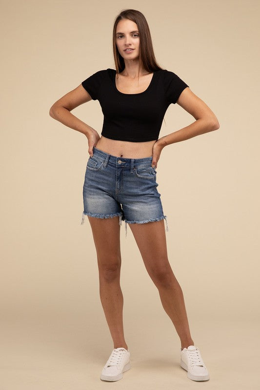 Mid Rise Raw Frayed Hem Denim Shorts - Zenana