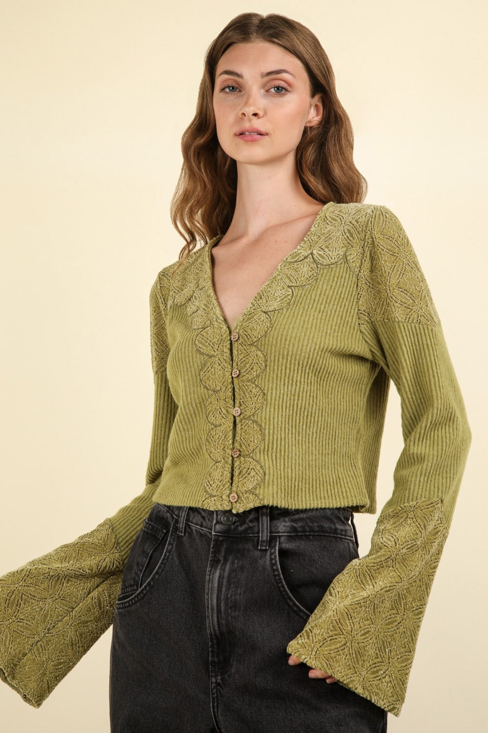 VERY J V-Neck Lace Detail Button Down Crop Ribbed Knit Top - Olive