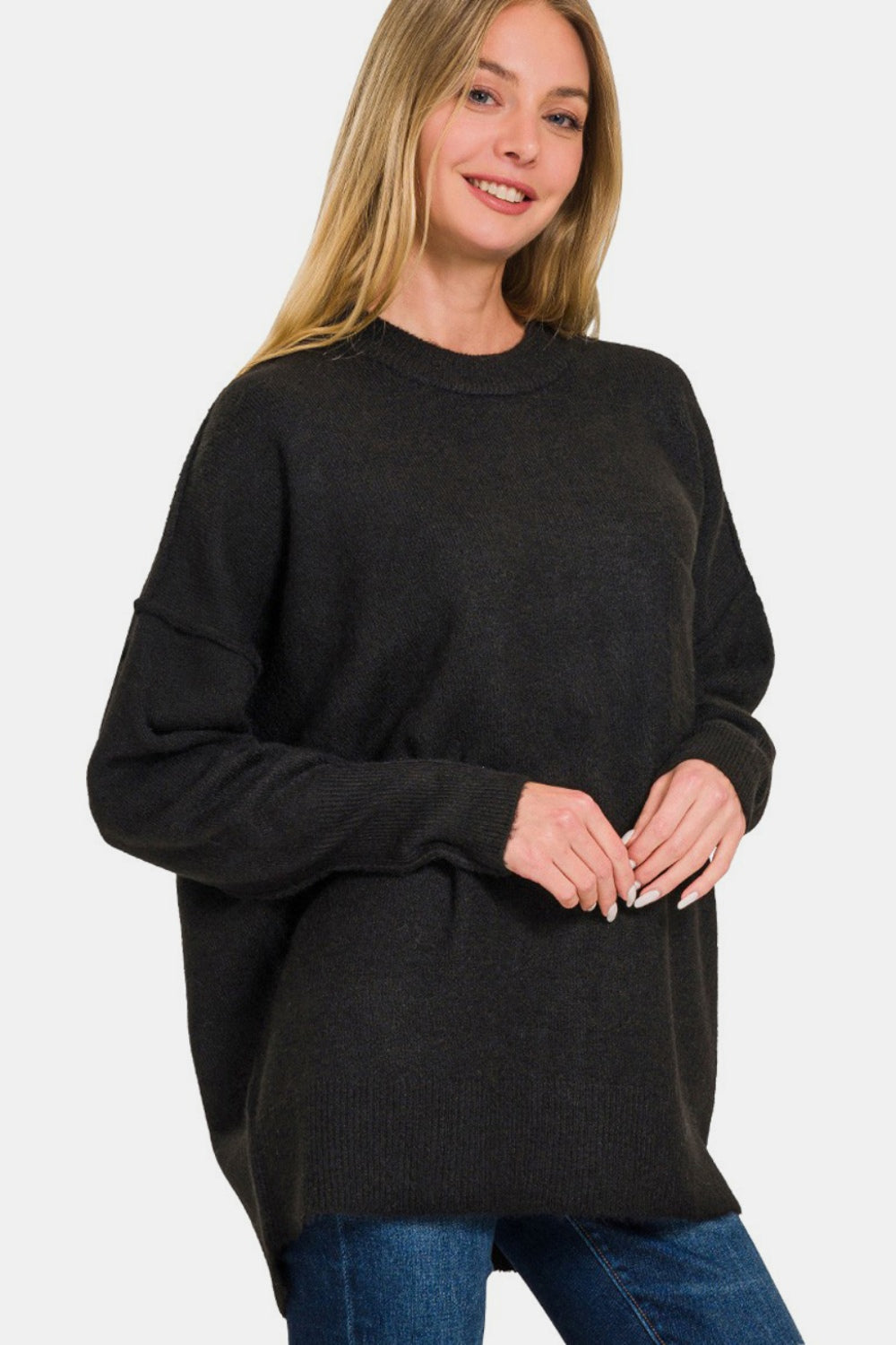 Zenana High-Low Hem Drop Shoulder Sweater - Black