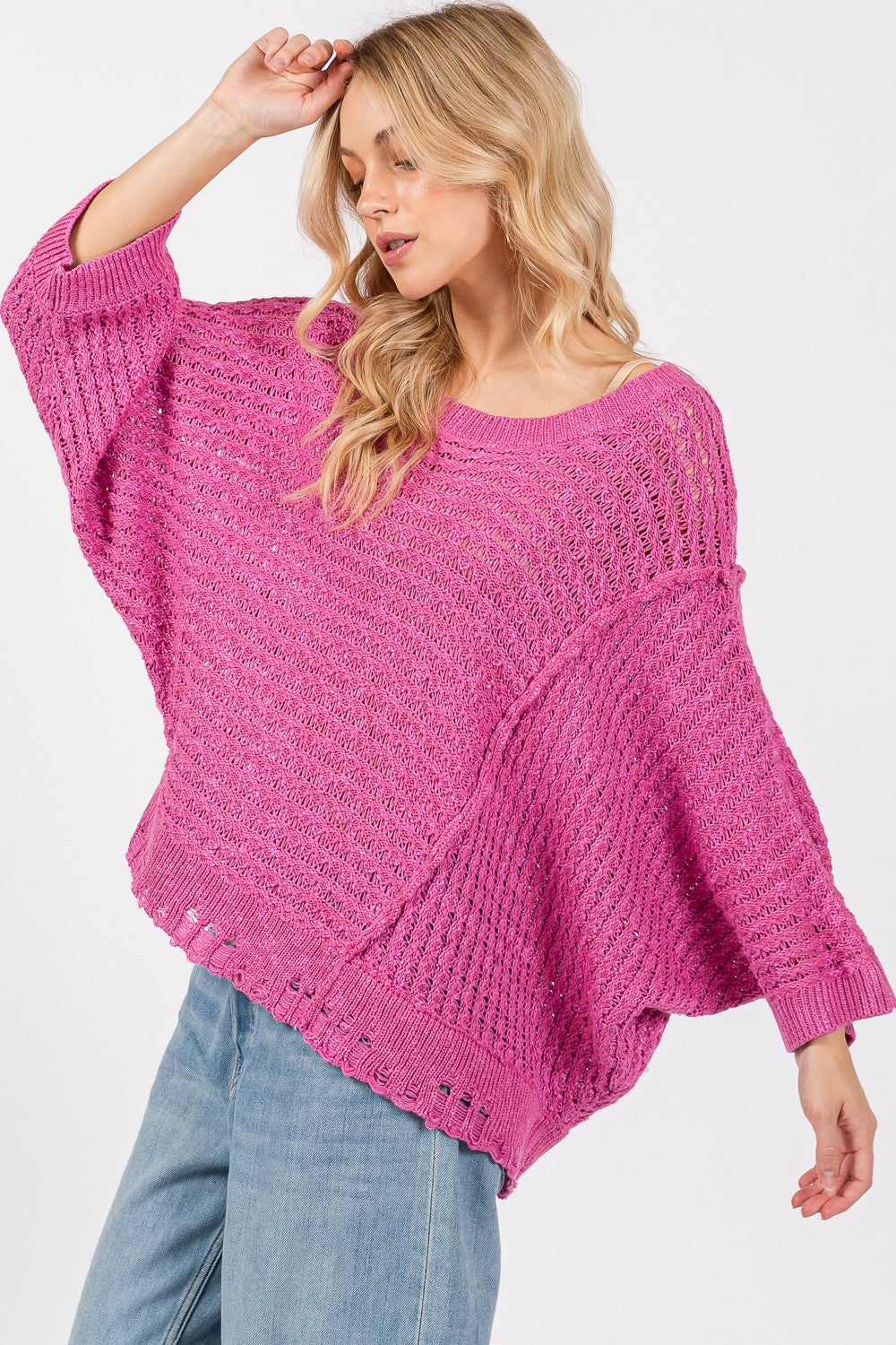 SAGE + FIG Distressed Asymmetrical Open Stitch Sweater - Magenta