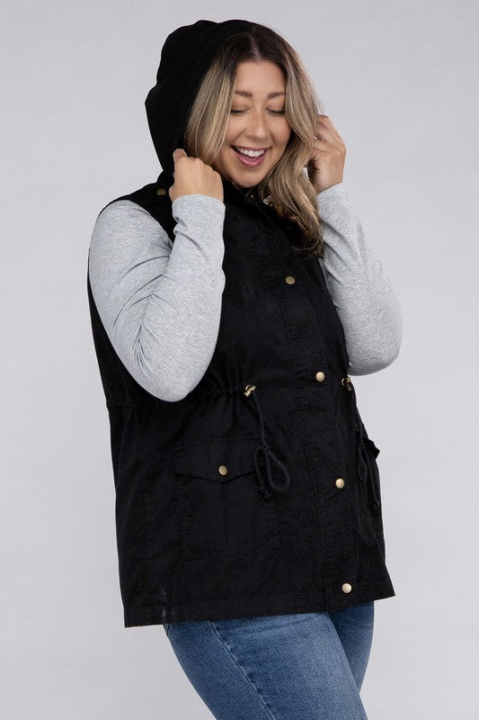 Plus Drawstring Waist Military Hoodie Vest - Zenana