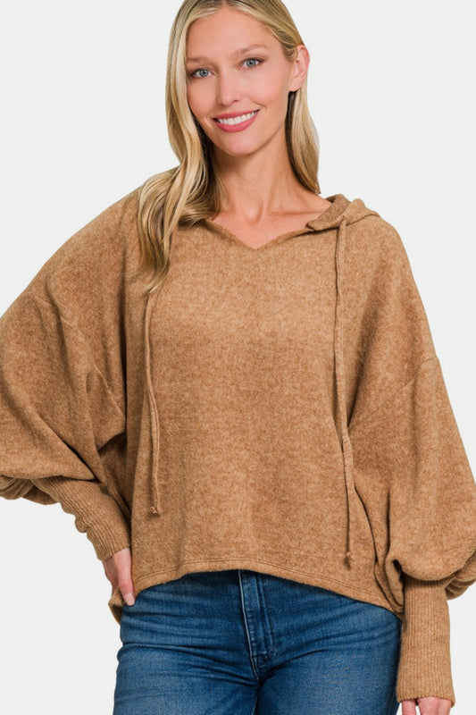 Zenana Brushed Hacci Drop Shoulder Cropped Hoodie - Deep Camel