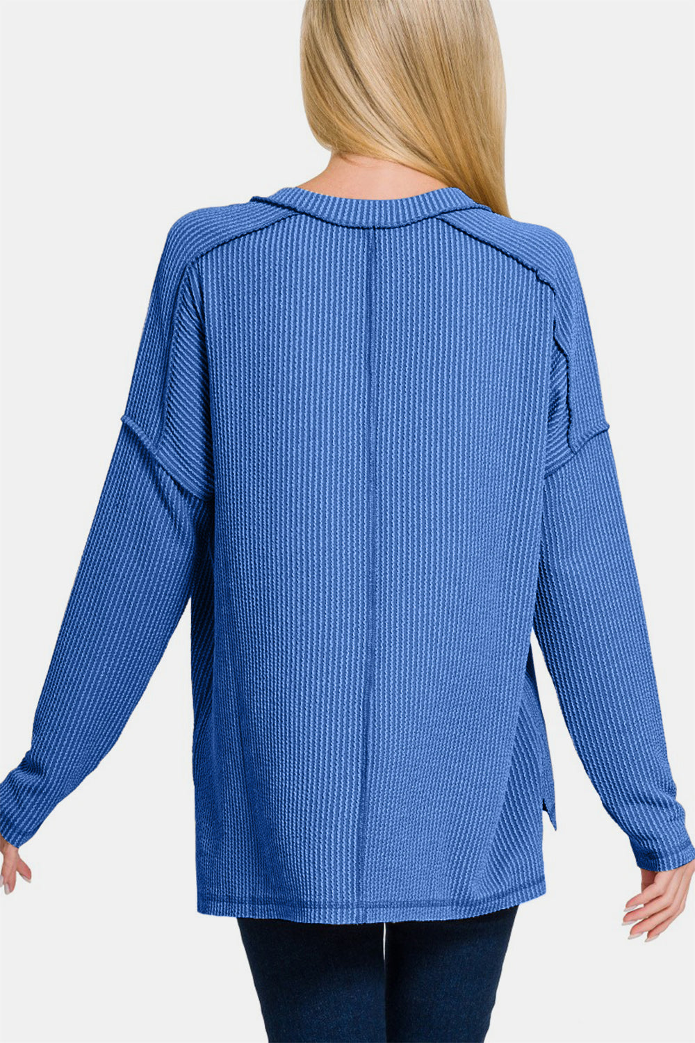 Zenana Texture Exposed Seam V-Neck Long Sleeve T-Shirt - Blue