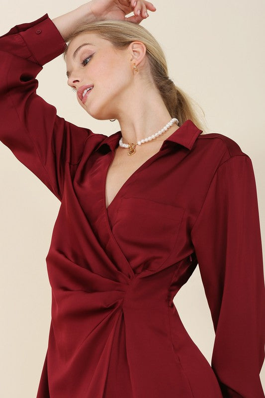 Satin Collared Wrap Mini Dress - Lilou