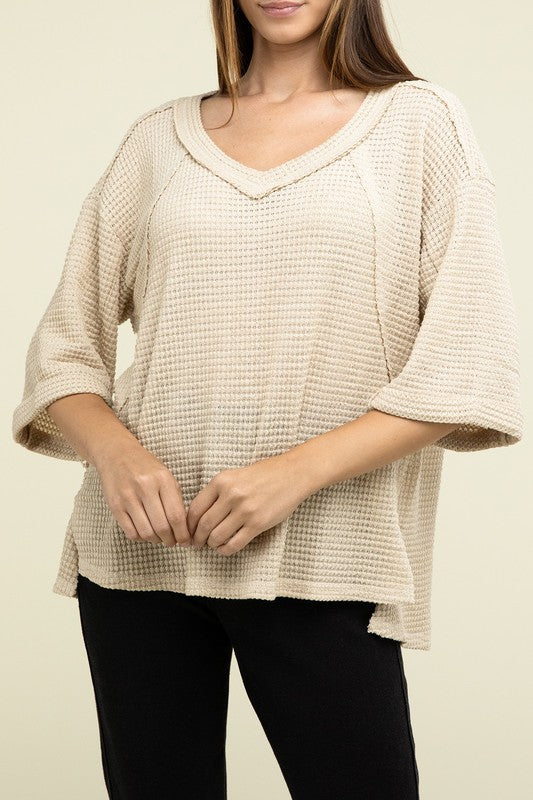 Brushed Waffle Exposed-Seam 3/4 Sleeve Top - Zenana