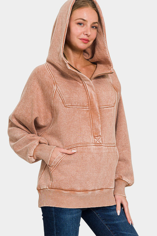 Zenana Acid Wash Fleece Kangaroo Hoodie - Rust