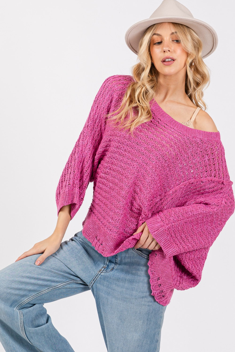 SAGE + FIG Distressed Asymmetrical Open Stitch Sweater - Magenta