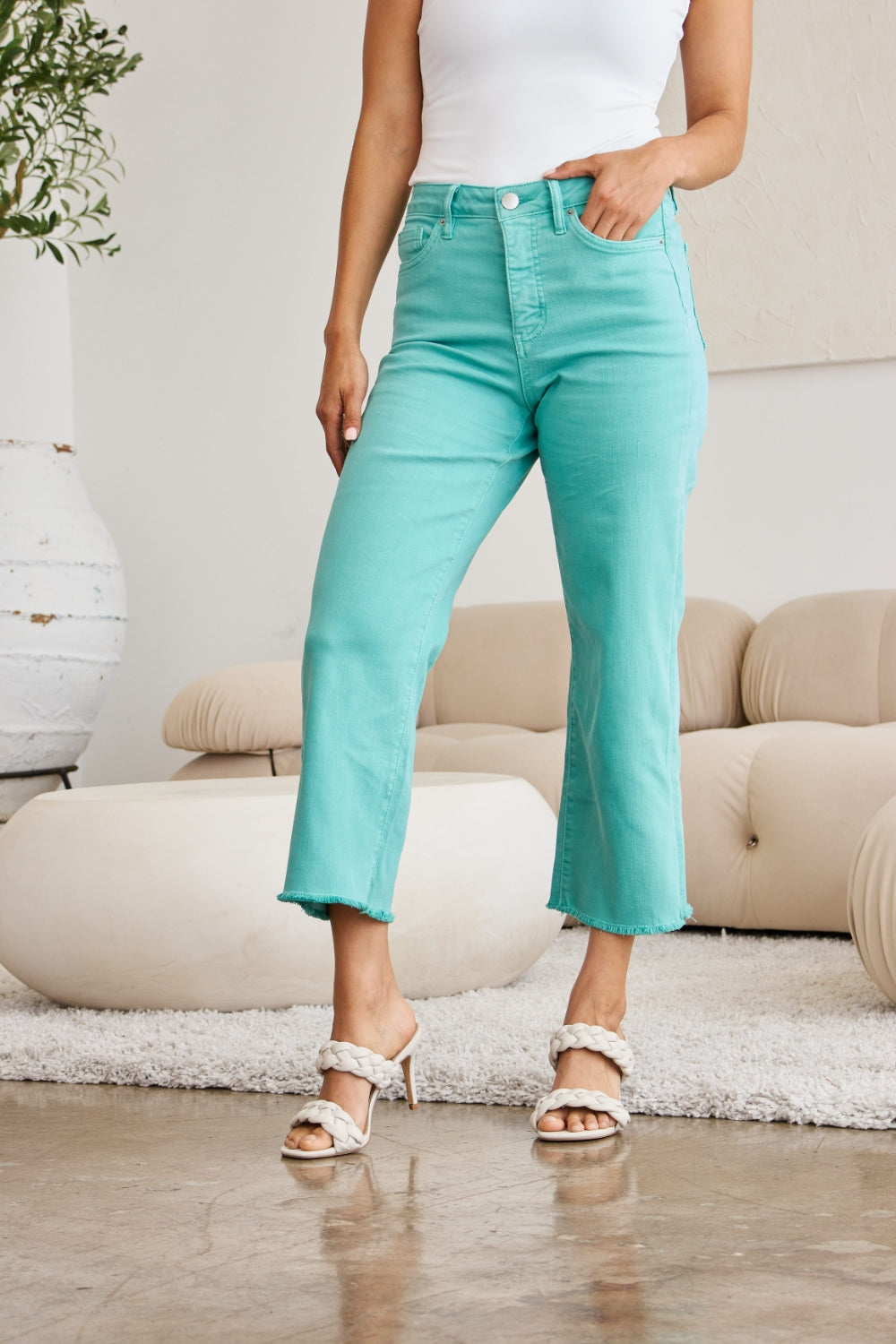 RFM Crop Chloe Full Size Tummy Control High Waist Raw Hem Jeans - Island Green