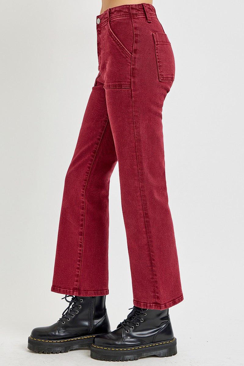 RISEN Full Size High Rise Straight Jeans with Patch Pockets - Wine