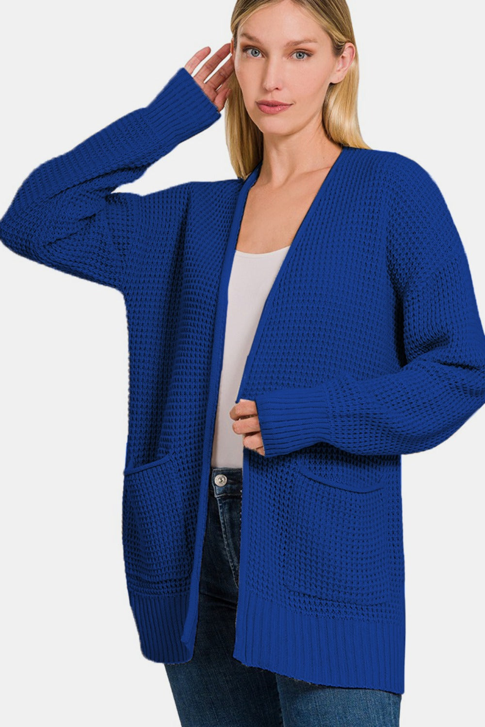 Zenana Waffle Open Front Sweater Cardigan - Light Navy