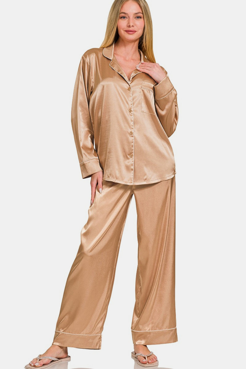 Zenana Satin Long Sleeve Shirt and Pants Pajama Set - Brush