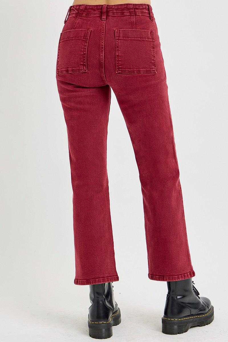 RISEN Full Size High Rise Straight Jeans with Patch Pockets - Wine