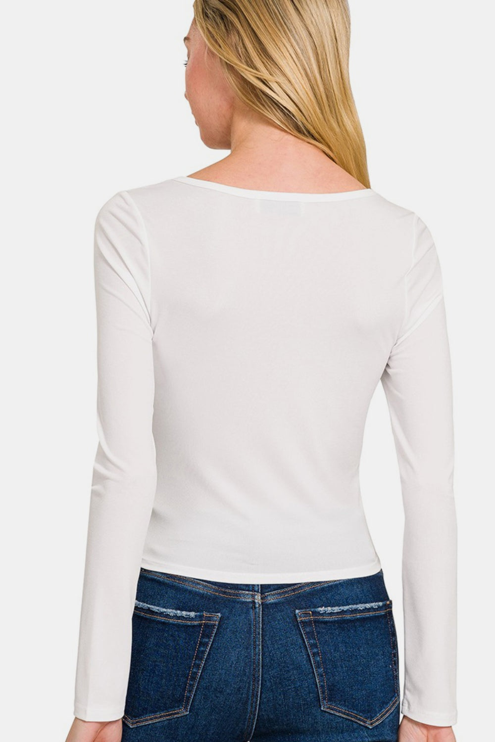 Zenana Square Neck Fitted Long Sleeve T-Shirt - White