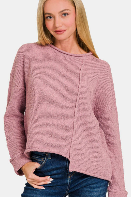 Zenana Asymmetric Hem Drop Shoulder Sweater - Rose