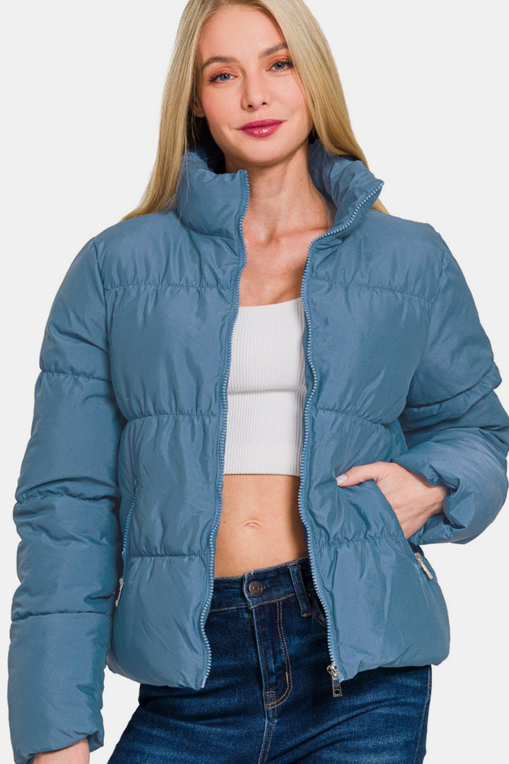 Zenana Zip Up Turtleneck Puffer Jacket with Pockets - Dusty Blue