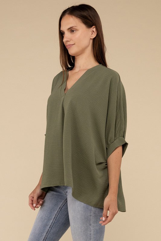 Woven Airflow V-Neck Puff Half Sleeve Top - Zenana