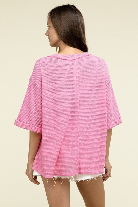 Brushed Waffle Exposed-Seam 3/4 Sleeve Top - Zenana