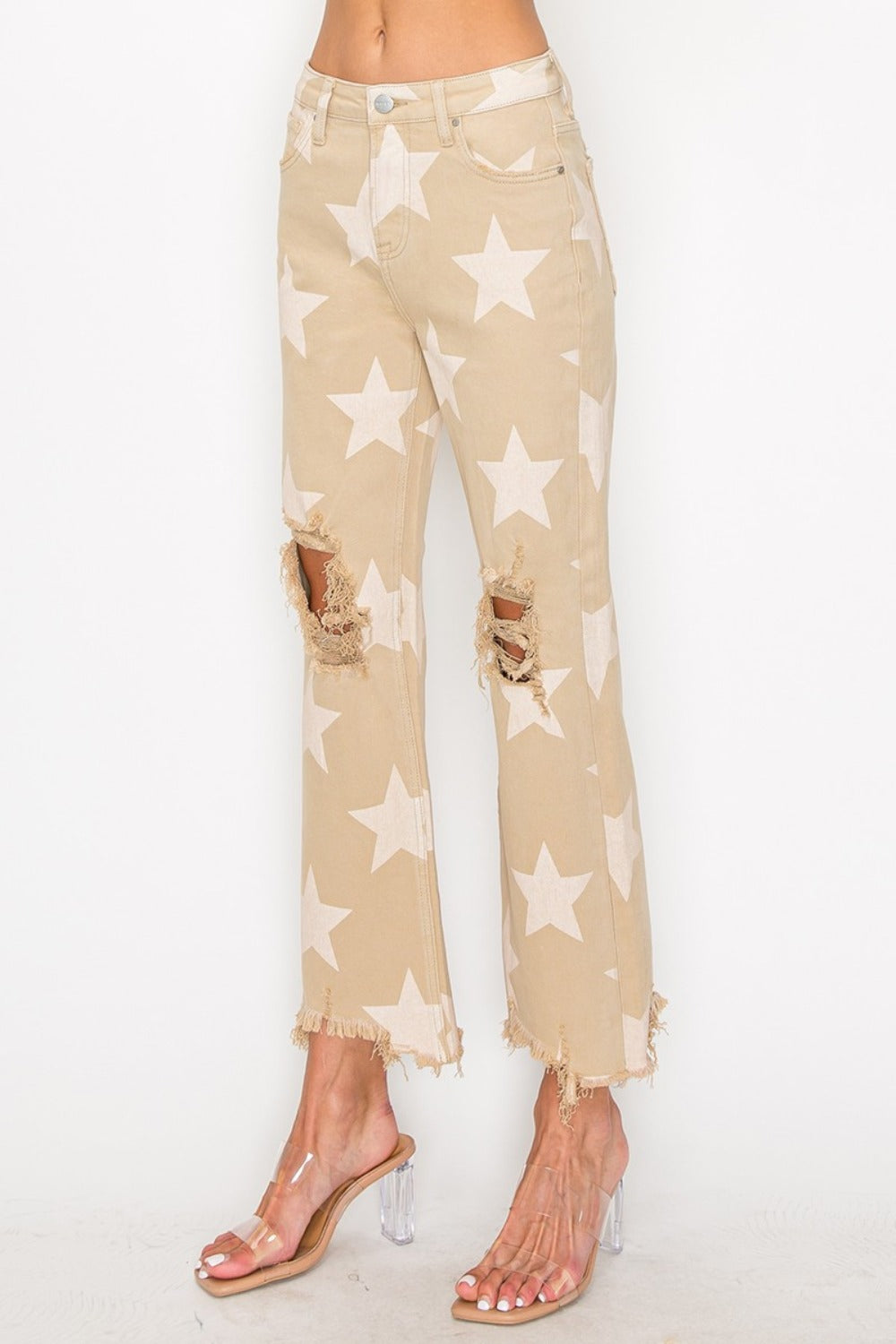 RISEN Full Size High Rise Star Printed Frayed Hem Jeans - Khaki