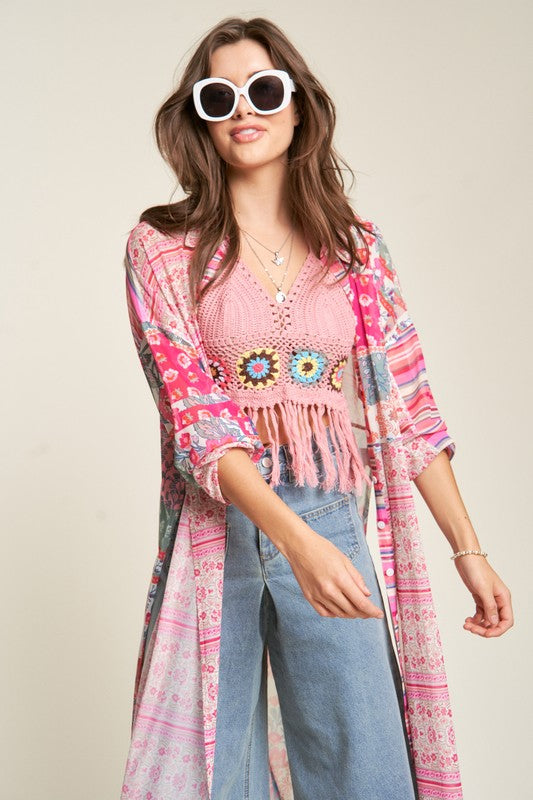 Mesh Print Mix Matched Button Front Cover Up - Davi & Dani