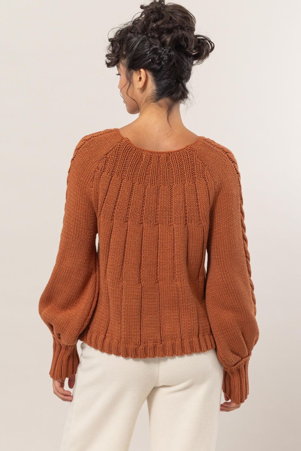 HYFVE Cable-Knit Round Neck Raglan Sleeve Sweater - Rust