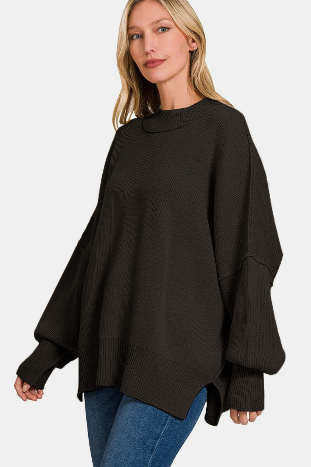 Zenana Side Sit Oversize Sweater - Black