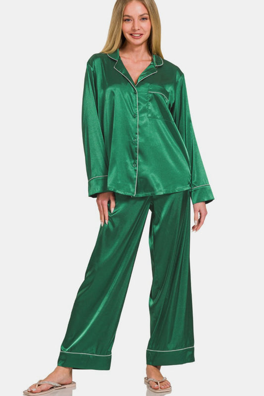 Zenana Satin Long Sleeve Shirt and Pants Pajama Set - Hunter Green