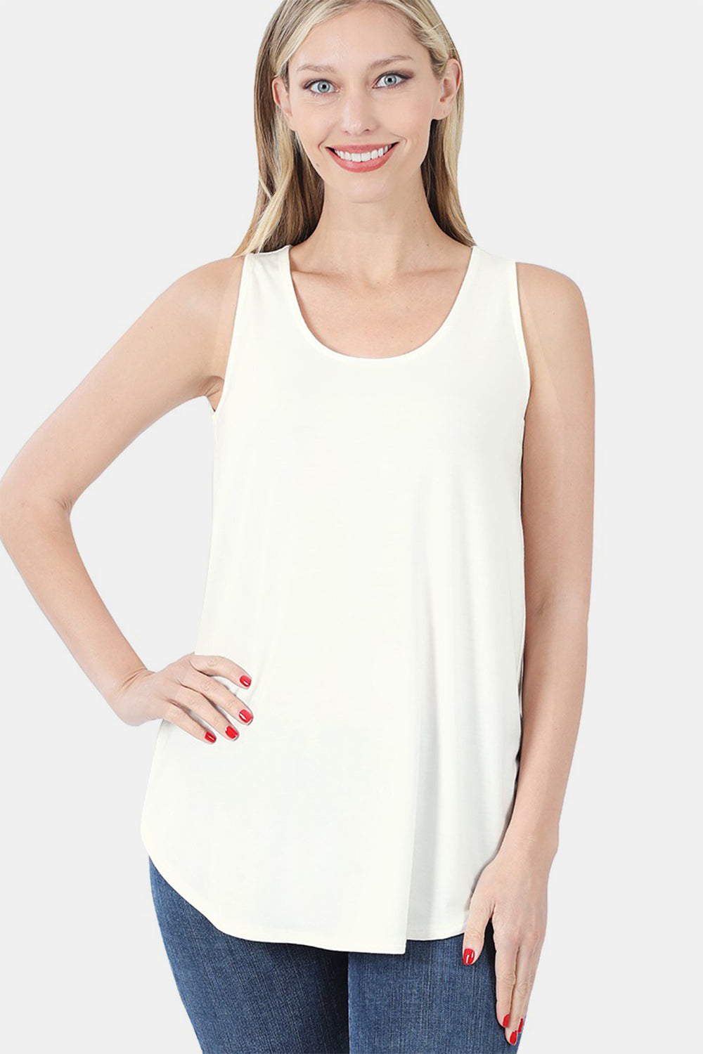 Zenana Round Neck Curved Hem Tank - Ivory