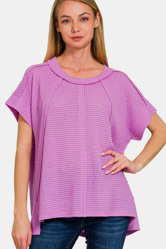 Zenana Waffle Exposed-Seam Short Sleeve T-Shirt - Lavender