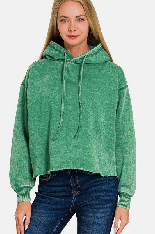 Zenana Acid Wash Fleece Cropped Hoodie - Forest