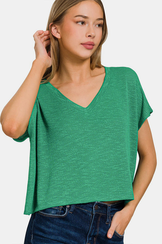 Zenana V-Neck Short Sleeve T-Shirt - Green