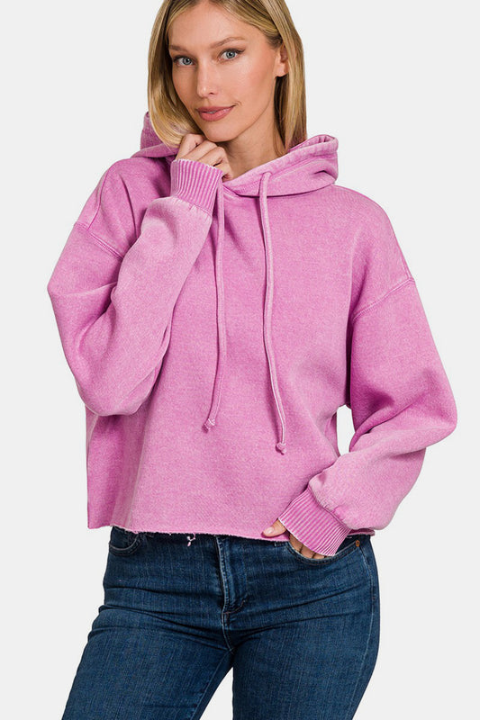 Zenana Acid Wash Fleece Cropped Hoodie - Mauve