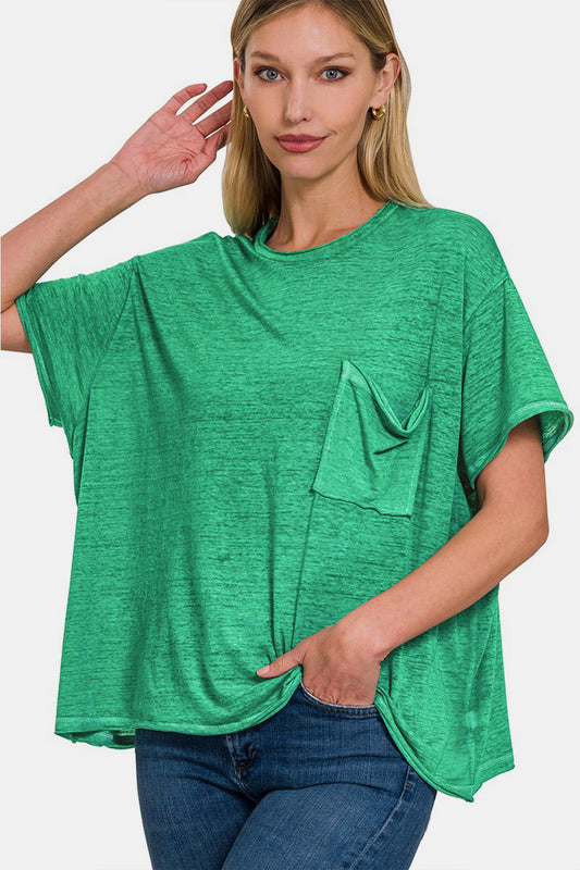 Zenana Pocketed Round Neck Dropped Shoulder T-Shirt - Green