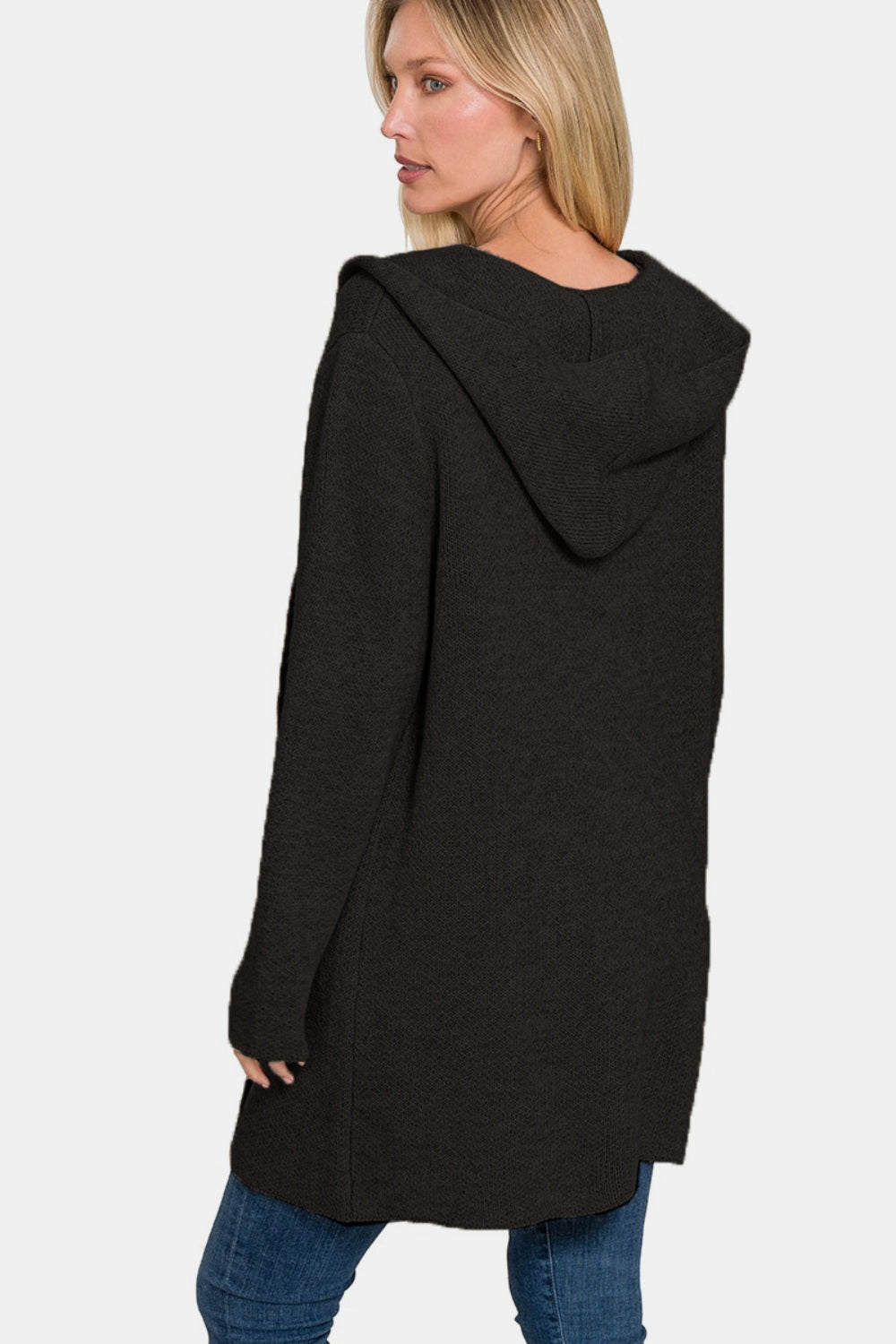 Zenana Hooded Open Front Sweater Cardigan - Black