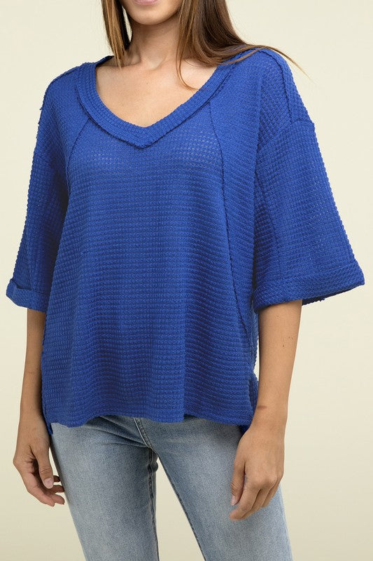 Brushed Waffle Exposed-Seam 3/4 Sleeve Top - Zenana