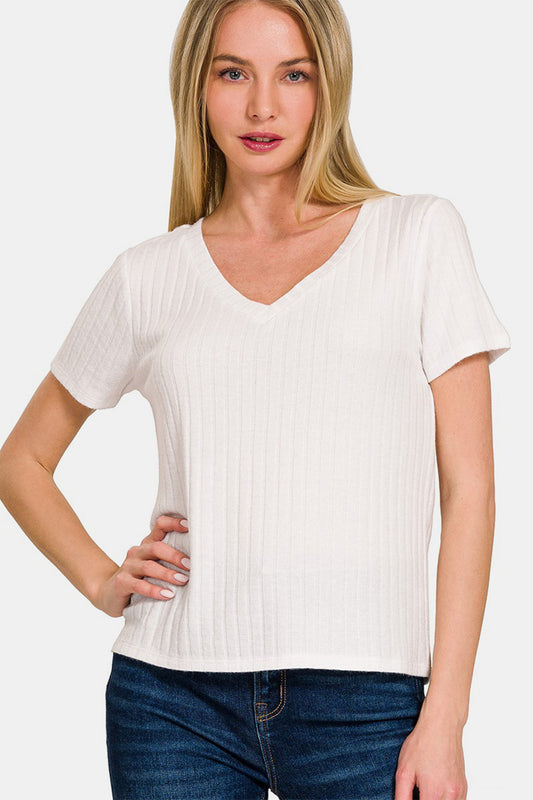 Zenana Ribbed Short Sleeve T-Shirt - Off White