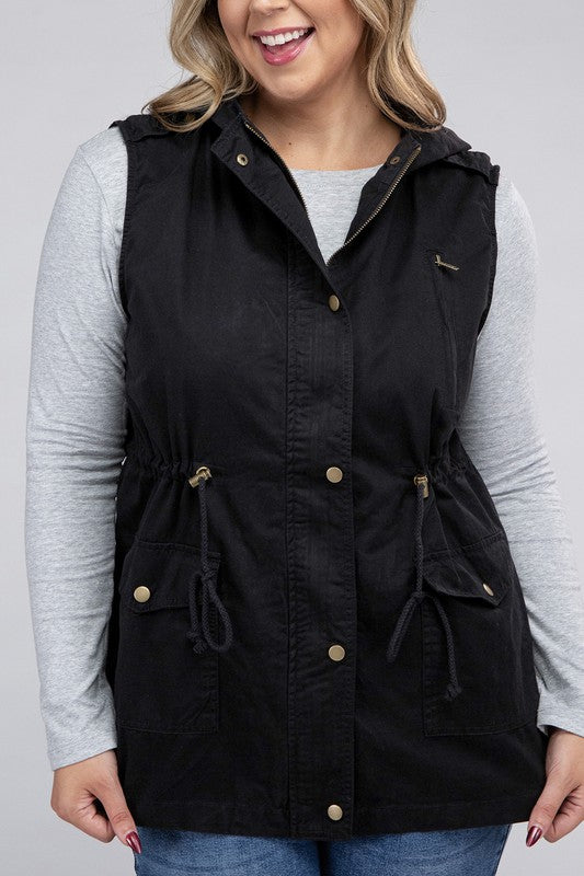 Plus Drawstring Waist Military Hoodie Vest - Zenana