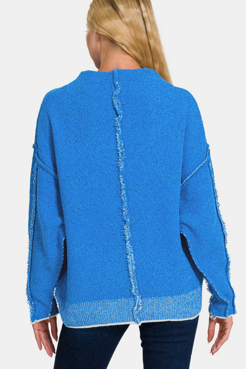 Zenana Exposed Seam Mock Neck Long Sleeve Sweater - Ocean Blue