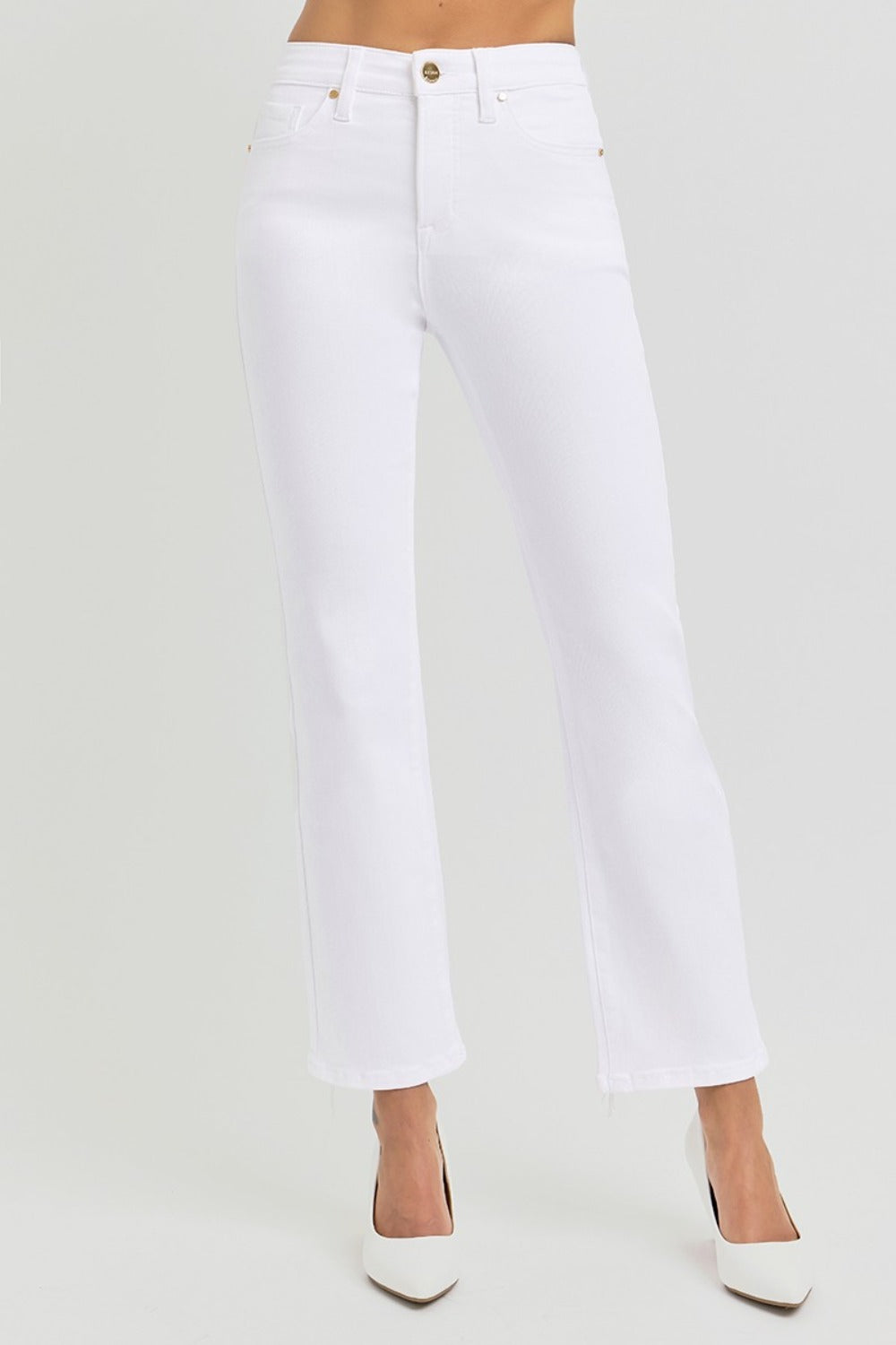 RISEN Full Size Tummy Control Elastic Band High Rise Crop Straight Jeans - White