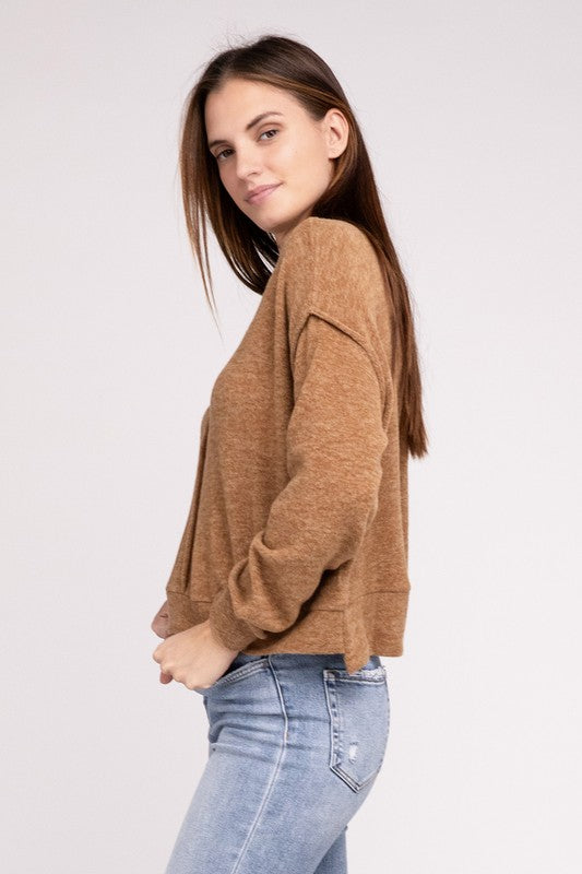 Brushed Melange Hacci Hi-Low Hem Sweater - Zenana