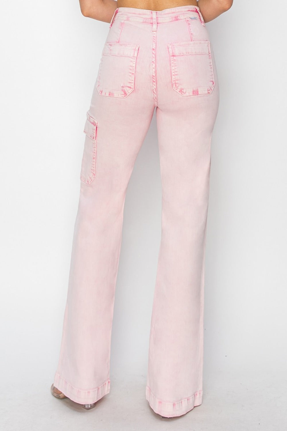 RISEN Full Size High Rise Wide Leg Cargo Pocket Jeans - Acid Pink