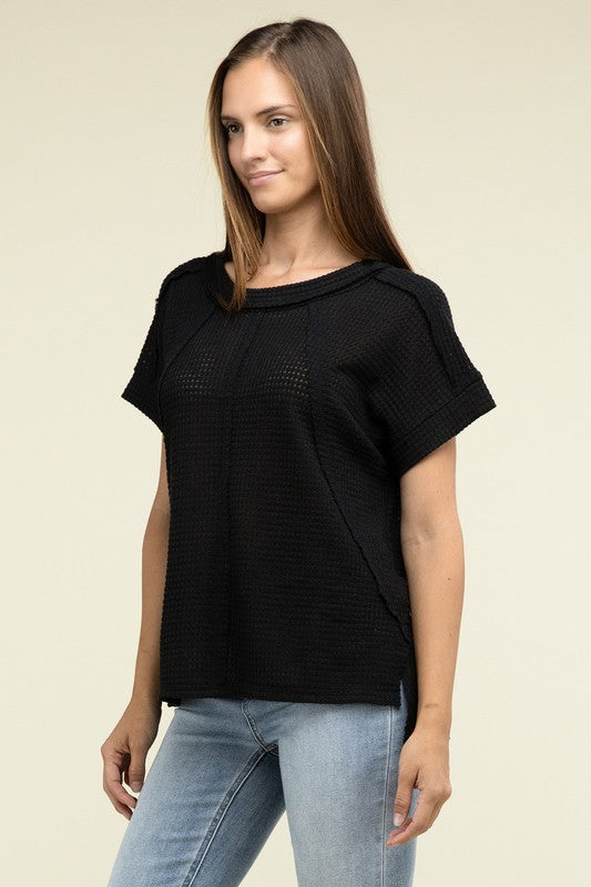 Brushed Waffle Exposed-Seam Short Sleeve Top - Zenana