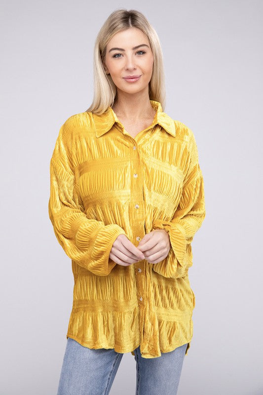 Wrinkle Effect Tiered Shirring Velvet Shirt - BiBi