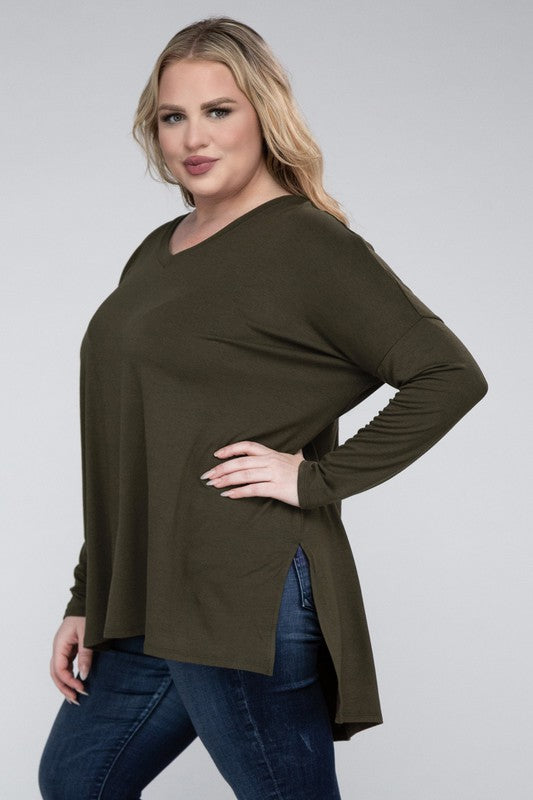 Plus Dolman Sleeve V-Neck Side Slit Hi-Low Hem Top - Zenana