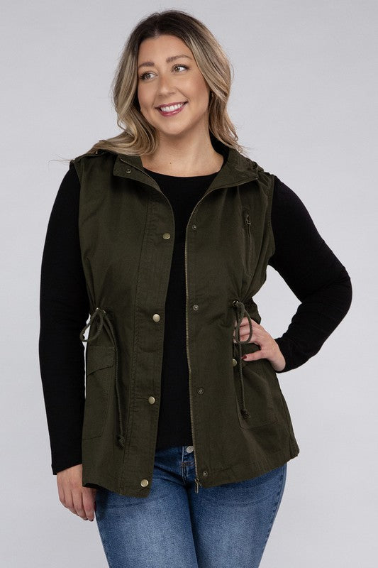 Plus Drawstring Waist Military Hoodie Vest - Zenana