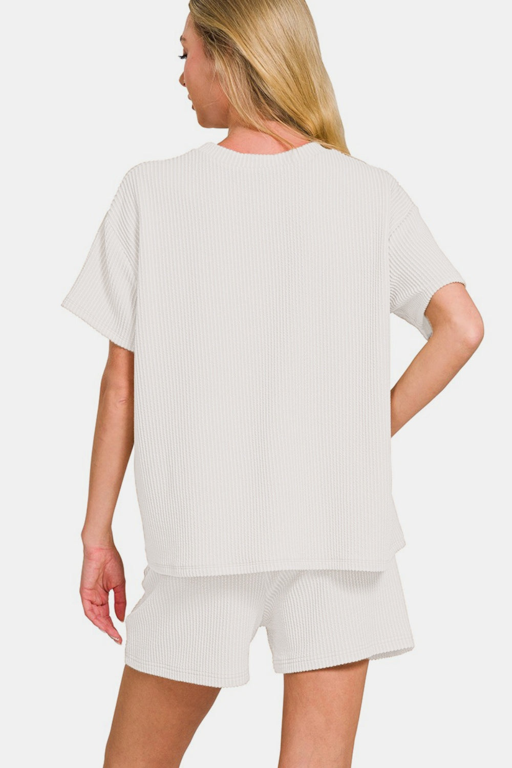 Zenana Rib Short Sleeve T-Shirt and Shorts Set - Off White