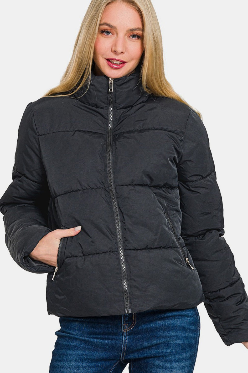 Zenana Zip Up Turtleneck Puffer Jacket with Pockets - Black