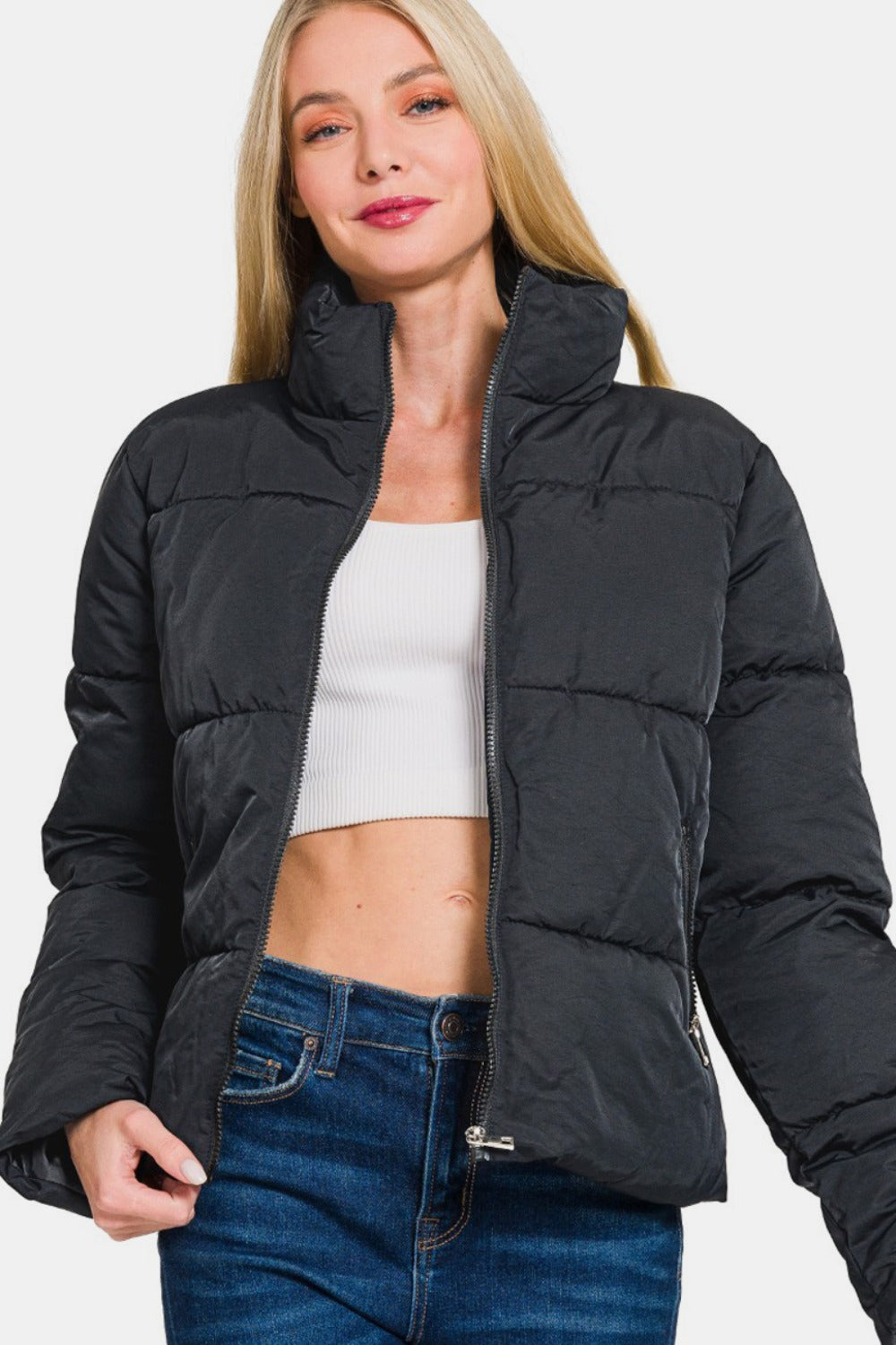 Zenana Zip Up Turtleneck Puffer Jacket with Pockets - Black