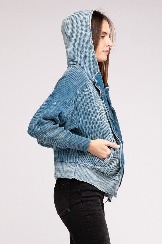 Acid Wash Cotton Waffle Hooded Zip-Up Jacket - Zenana